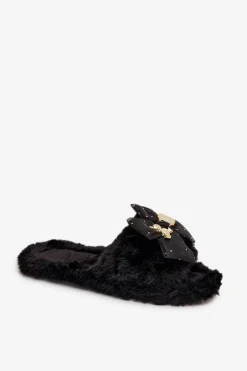 Futrzane Kapcie Damskie Z Kokardą I Złotą Ozdobą Czarne Nolara
