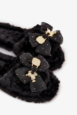 Futrzane Kapcie Damskie Z Kokardą I Złotą Ozdobą Czarne Nolara