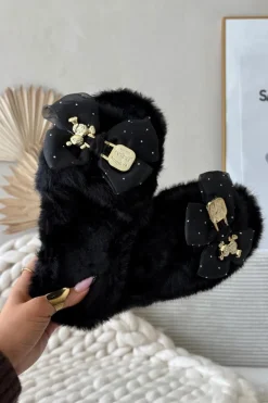 Futrzane Kapcie Damskie Z Kokardą I Złotą Ozdobą Czarne Nolara