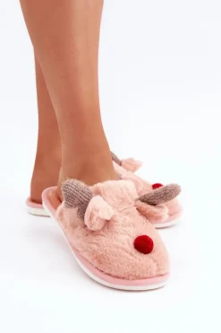 Futrzane Kapcie Damskie Z Motywem Renifera Różowe Sennalith