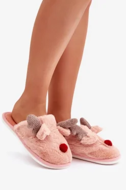 Futrzane Kapcie Damskie Z Motywem Renifera Różowe Sennalith