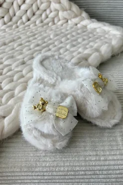 Futrzane Kapcie Damskie Z Kokardą I Złotą Ozdobą Jasnobeżowe Nolara