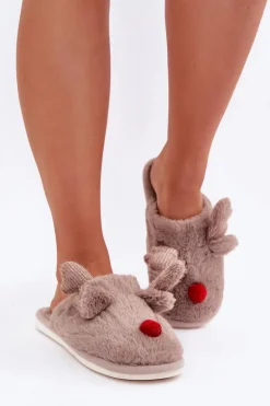 Futrzane Kapcie Damskie Z Motywem Renifera Ciemnobeżowe Sennalith