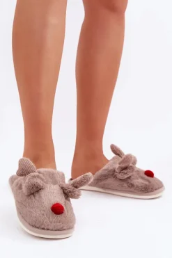 Futrzane Kapcie Damskie Z Motywem Renifera Ciemnobeżowe Sennalith