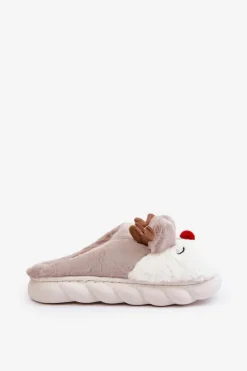 Futrzane Kapcie Damskie Z Motywem Renifera Beżowe Wistira