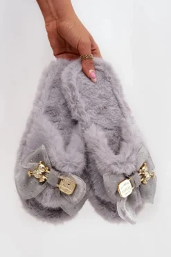 Futrzane Kapcie Damskie Z Kokardą I Złotą Ozdobą Szare Nolara