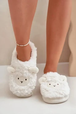 Futrzane Kapcie Damskie Z Motywem Owcy Białe Phaeia