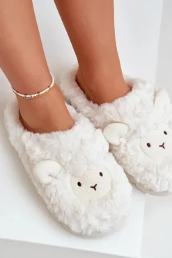 Futrzane Kapcie Damskie Z Motywem Owcy Białe Phaeia