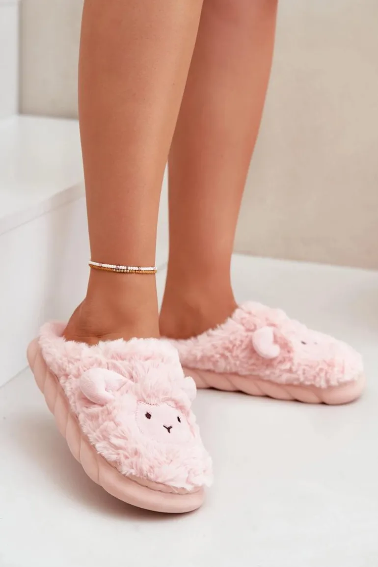 Futrzane Kapcie Damskie Z Motywem Owcy Różowe Phaeia