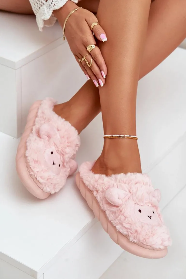 Futrzane Kapcie Damskie Z Motywem Owcy Różowe Phaeia