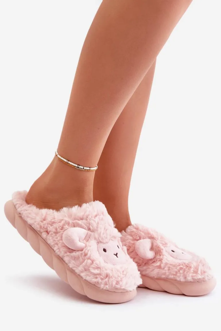 Futrzane Kapcie Damskie Z Motywem Owcy Różowe Phaeia