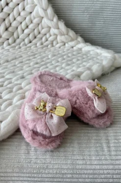 Futrzane Kapcie Damskie Z Kokardą I Złotą Ozdobą Różowe Nolara