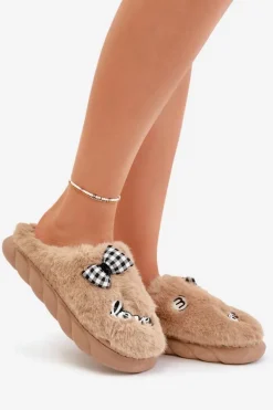 Futrzane Kapcie Damskie Z Naszywkami I Kokardką Brązowe Linnorelia