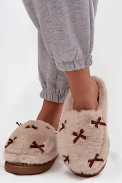 Futrzane Kapcie Damskie Z Kokardkami Beżowe Saviera