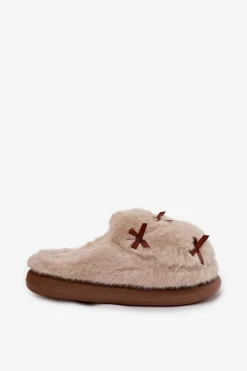 Futrzane Kapcie Damskie Z Kokardkami Beżowe Saviera