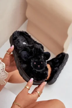 Futrzane Kapcie Damskie Z Motywem Owcy Czarne Phaeia
