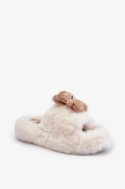 Futrzane Kapcie Damskie Z Misiem Białe Romania