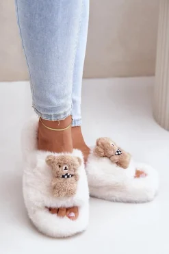 Futrzane Kapcie Damskie Z Misiem Białe Romania