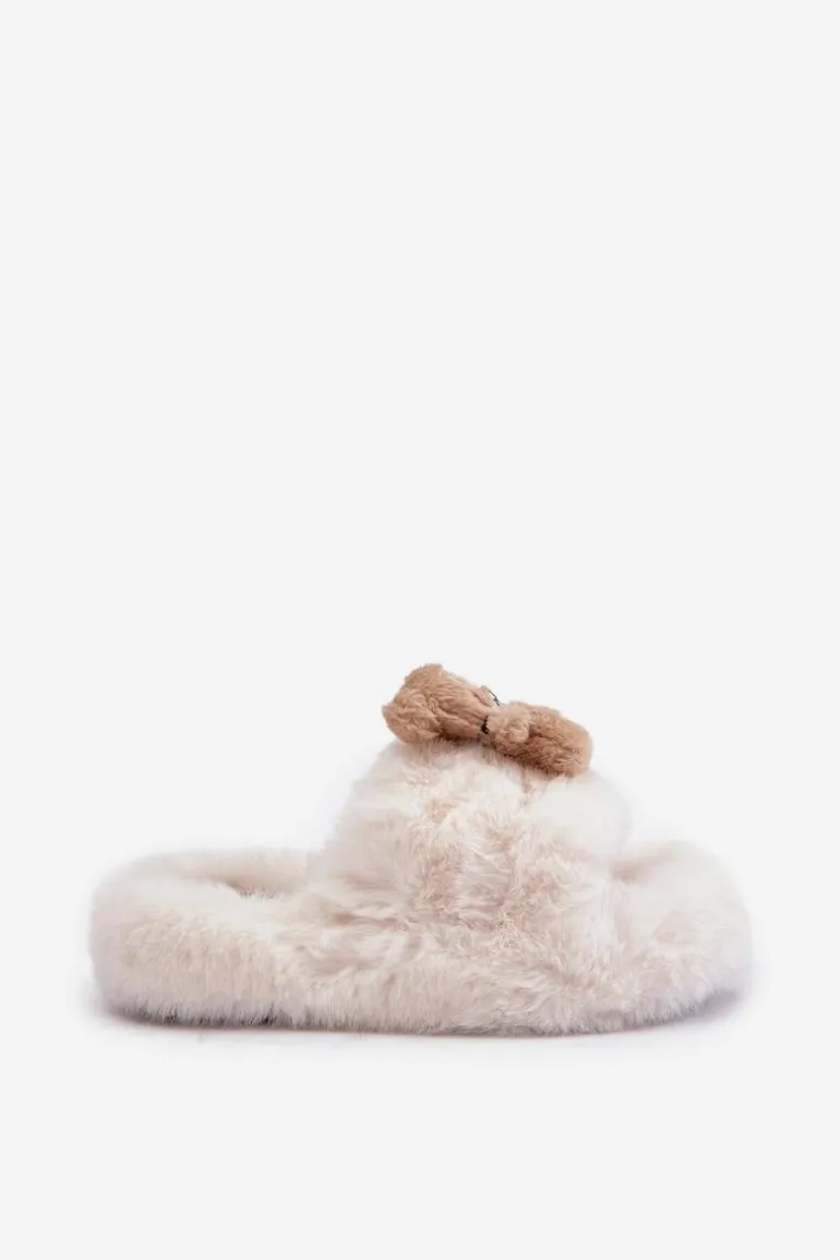 Futrzane Kapcie Damskie Z Misiem Białe Romania