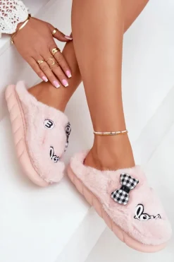 Futrzane Kapcie Damskie Z Naszywkami I Kokardką Różowe Linnorelia