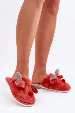 Futrzane Kapcie Damskie Z Motywem Renifera Koralowe Sennalith