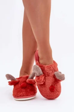 Futrzane Kapcie Damskie Z Motywem Renifera Koralowe Sennalith