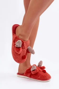 Futrzane Kapcie Damskie Z Motywem Renifera Koralowe Sennalith