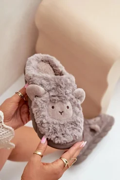 Futrzane Kapcie Damskie Z Motywem Owcy Ciemnobeżowe Phaeia