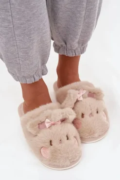 Futrzane Kapcie Damskie Z Uszkami I Kokardką Beżowe Corayne