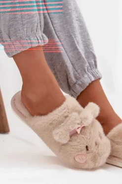 Futrzane Kapcie Damskie Z Uszkami I Kokardką Beżowe Corayne