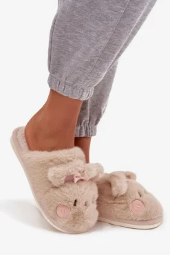 Futrzane Kapcie Damskie Z Uszkami I Kokardką Beżowe Corayne