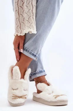 Futrzane Kapcie Damskie Z Króliczkiem Białe Dolcevia