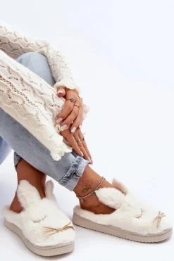 Futrzane Kapcie Damskie Z Króliczkiem Białe Dolcevia