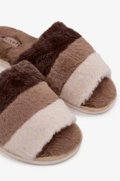 Futrzane Kapcie Damskie Z Paskami Brązowe Tahlisse