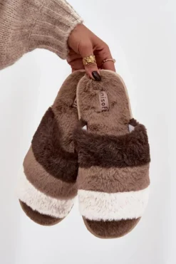 Futrzane Kapcie Damskie Z Paskami Brązowe Tahlisse