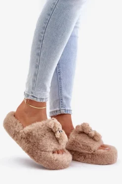 Futrzane Kapcie Damskie Z Misiem Beżowe Romania