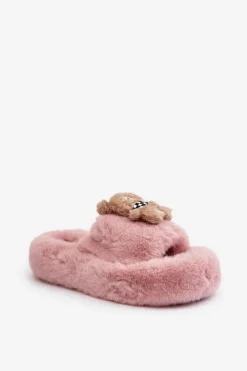 Futrzane Kapcie Damskie Z Misiem Różowe Romania