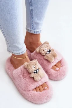 Futrzane Kapcie Damskie Z Misiem Różowe Romania