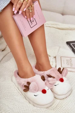 Futrzane Kapcie Damskie Z Motywem Renifera Różowe Wistira