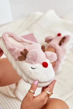 Futrzane Kapcie Damskie Z Motywem Renifera Różowe Wistira