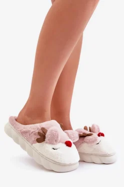 Futrzane Kapcie Damskie Z Motywem Renifera Różowe Wistira