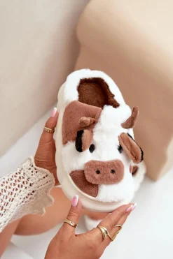 Futrzane Kapcie Krowy Damskie Brązowe Remiola