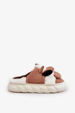 Futrzane Kapcie Krowy Damskie Brązowe Remiola