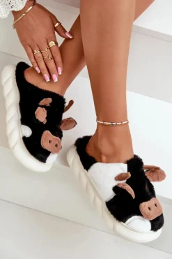 Futrzane Kapcie Krowy Damskie Czarne Remiola