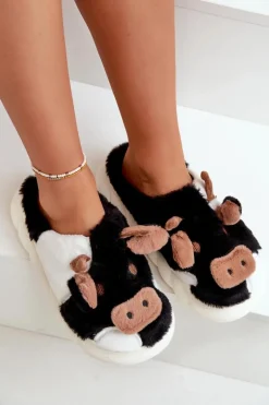 Futrzane Kapcie Krowy Damskie Czarne Remiola