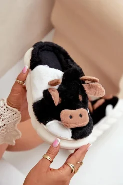 Futrzane Kapcie Krowy Damskie Czarne Remiola