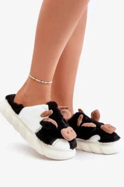 Futrzane Kapcie Krowy Damskie Czarne Remiola