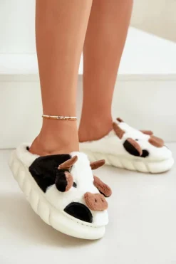 Futrzane Kapcie Krowy Damskie Białe Remiola