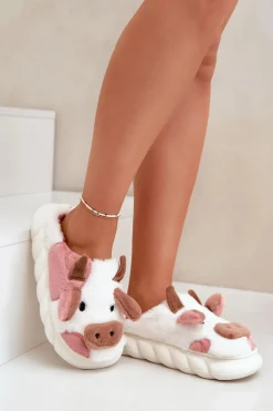 Futrzane Kapcie Krowy Damskie Różowe Remiola