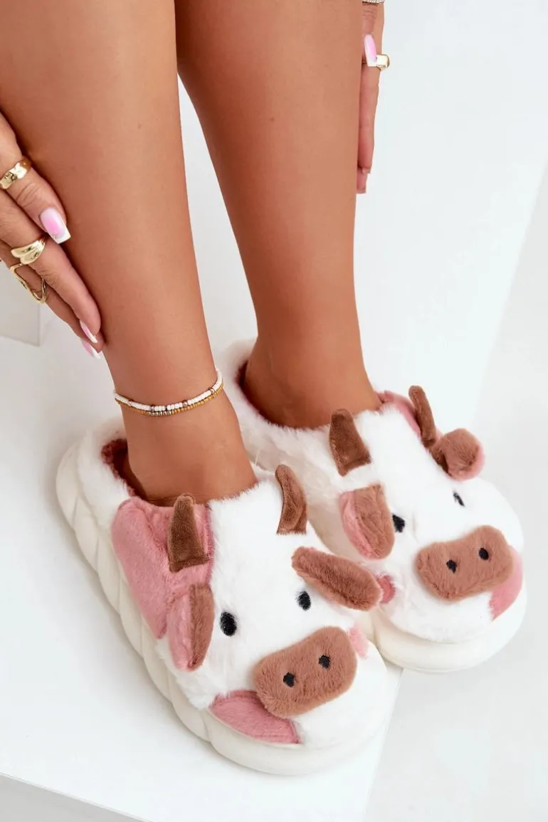 Futrzane Kapcie Krowy Damskie Różowe Remiola